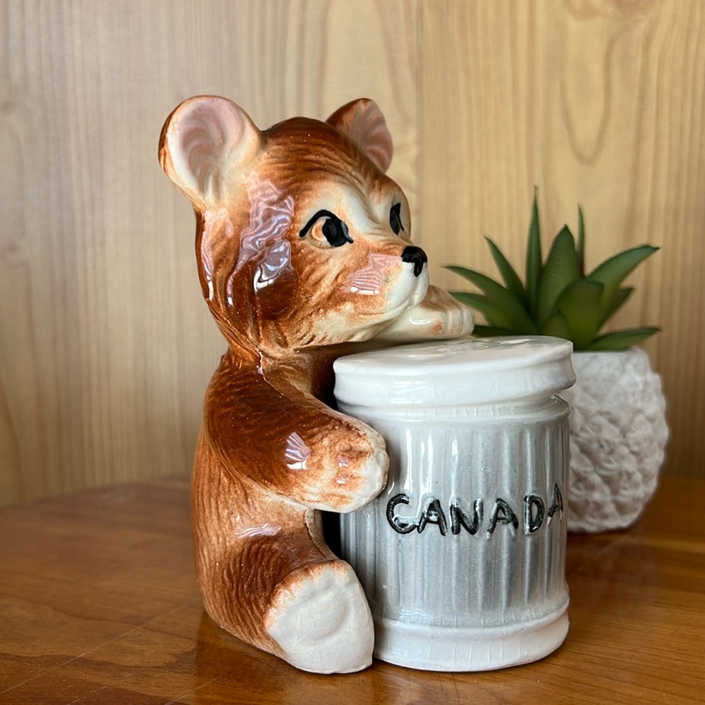 VINTAGE Canada Brown bear & trash can 1960’s salt and pepper shakers JAPAN